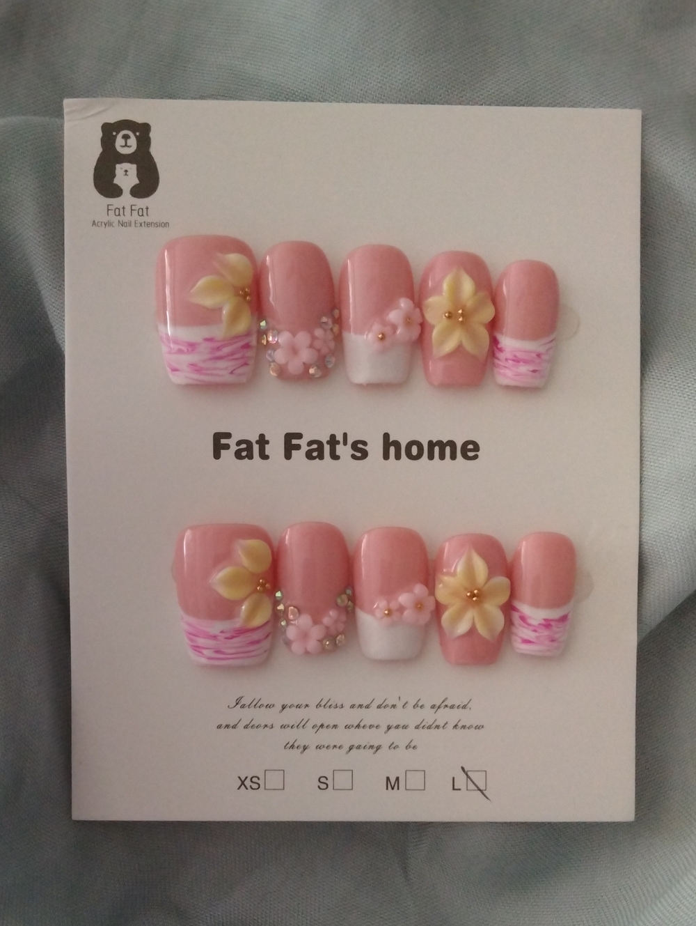 Fat Fat's home Pink Frenchie Floral 3D Nail Set with Crystals "L"
